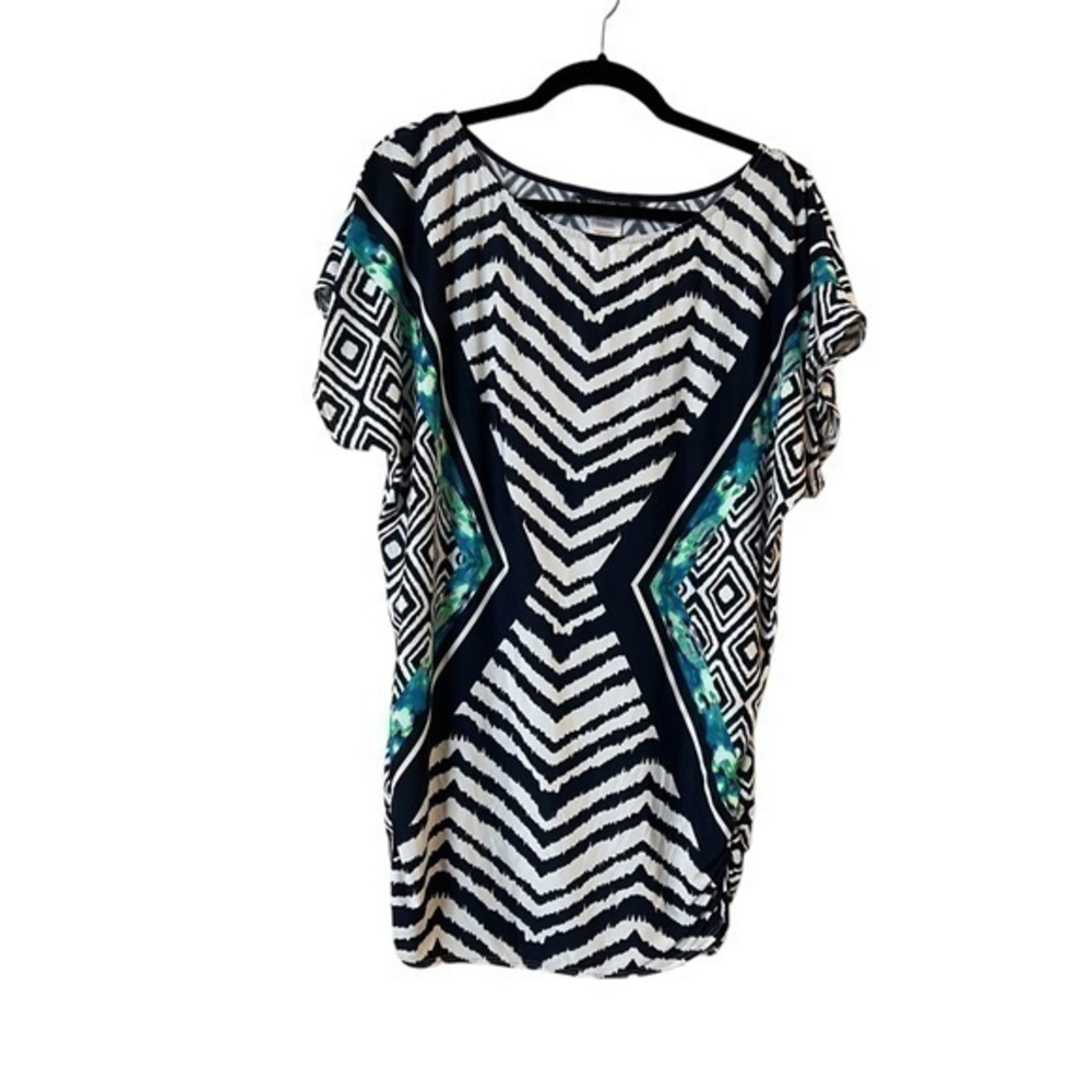 Carmen Marc Valvo Swimwear Ikat Mixed Print Swim Coverup, Black White Aqua